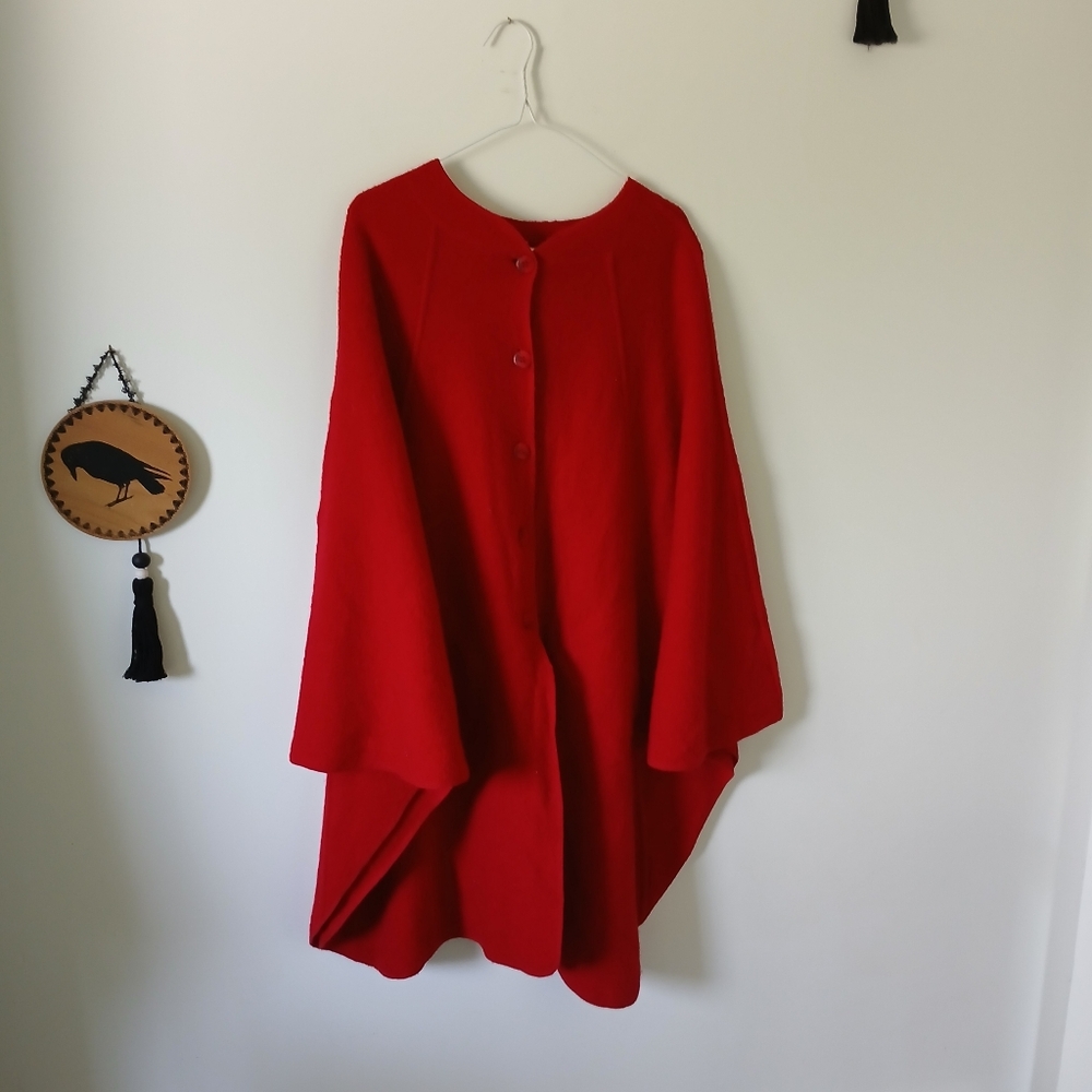 Vintage Whimsical Red Wool Button-Up Poncho With Pockets